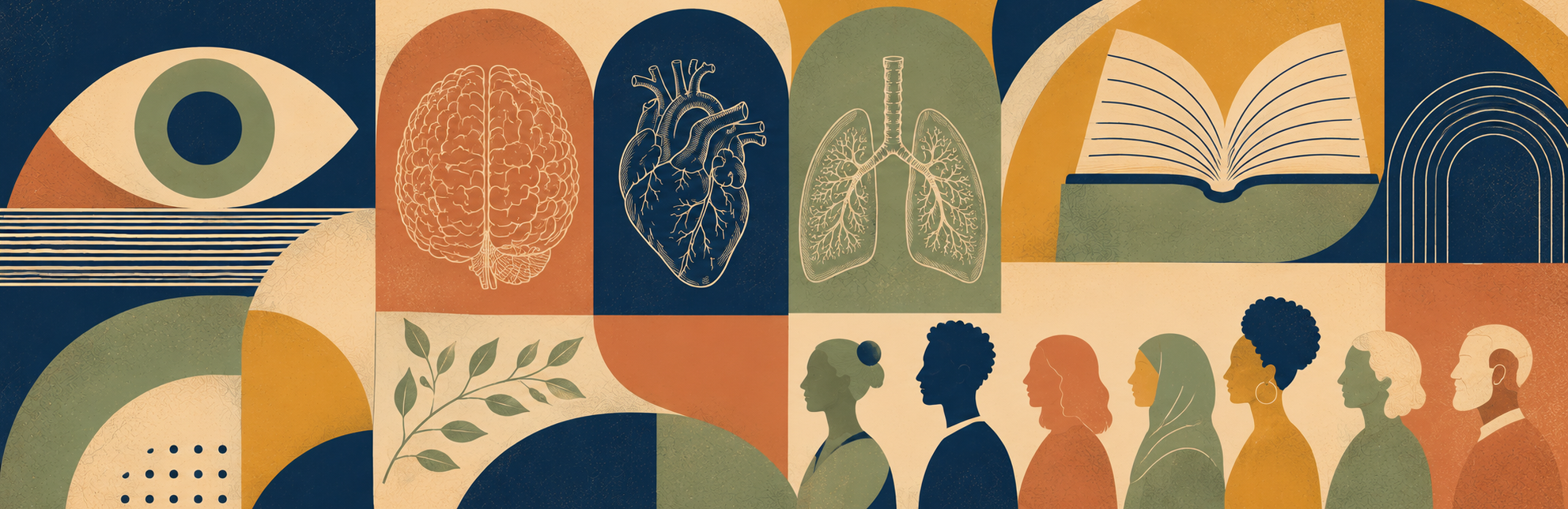 Flat geometric illustration in navy, olive, gold and terracotta of an eye, a brain, a heart, lungs and an open book, above a line of diverse profile silhouettes.